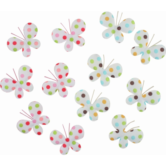 Motýlci z látky s lepíkem s barevnými puntíky 4,5 cm 12 kusů