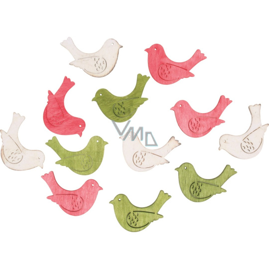 Ptáčci dřevění zeleno-růžovo-bílí 4 cm 12 kusů Ptáčci dřevění zeleno-růžovo-bílí 4 cm 12 kusů