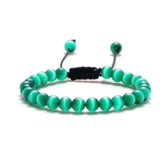 Kočičí oko zelený náramek přírodní kámen ručně pletený, nastavitelná velikost, kulička 6 mm