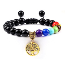 Csakra karkötő Életfa + Obszidián, természetes kő, kézzel fonott, állítható méret, 8 mm-es golyó, mentőkő