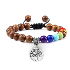 Csakra karkötő Életfa + Fa, kézzel fonott, állítható méret, 8 mm-es golyó