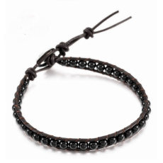 Obsidian kožený náramek přírodní kámen, ručně vyráběný, zapínací, kulička 4 mm / 17 - 23 cm, kámen záchrany