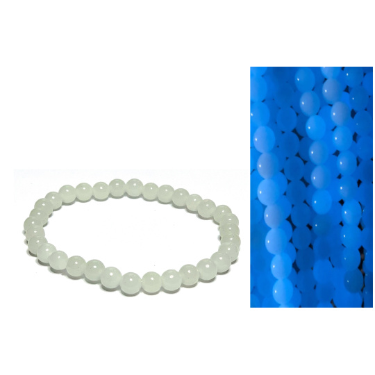 Jade Luminois Light Fosforeskující, modře svítí ve tmě, náramek elastický přírodní kámen, kulička 6 mm / 16 - 17 cm