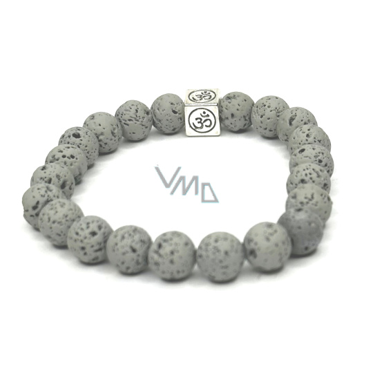 Láva světle šedá s královskou mantrou Óm, náramek elastický přírodní kámen, kulička 8 mm / 16 - 17 cm, zrozen ze čtyř živlů