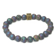 Láva platinová s královskou mantrou Óm, náramek elastický přírodní kámen, kulička 8 mm / 16 - 17 cm, zrozen ze čtyř živlů