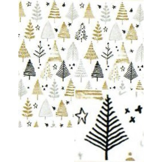 Nekupto Dárkový balicí papír vánoční 70 x 200 cm Bílý černé, zlaté, stříbrné stromky