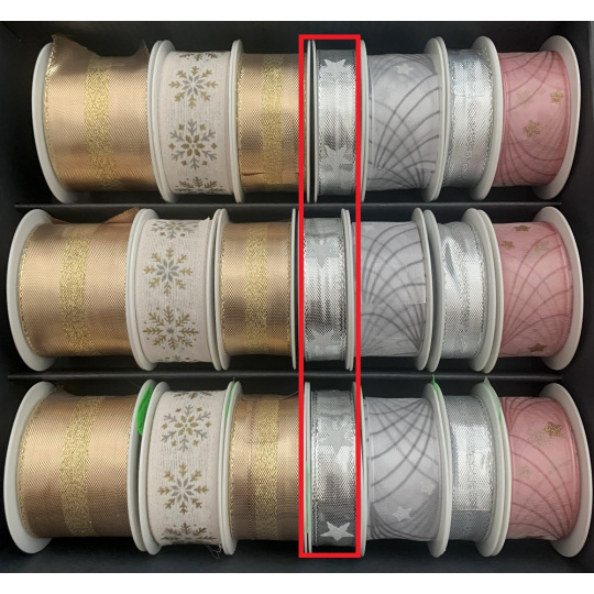 Nekupto Stuha látková vánoční Stříbrná bílé hvězdičky 15 mm x 3 m