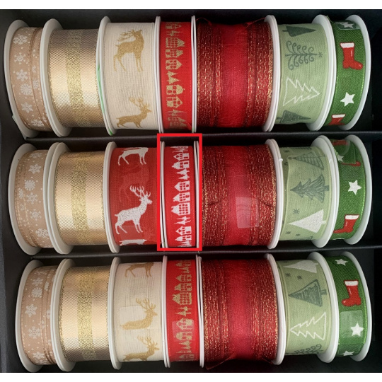 Nekupto Stuha látková vánoční Červená bílé domečky 15 mm x 3 m