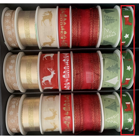 Nekupto Stuha látková vánoční Zelená červená bota 15 mm x 3 m