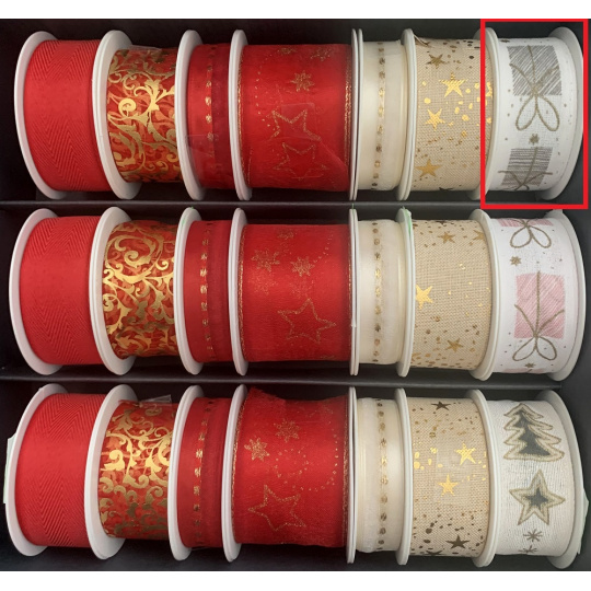 Nekupto Stuha látková vánoční Bílá šedé dárečky 25 mm x 2,5 m