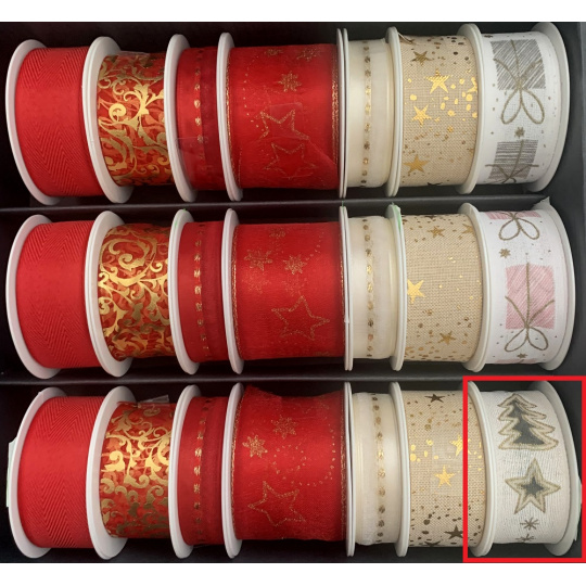 Nekupto Stuha látková vánoční Bílá stromečky, hvězdičky 25 mm x 2,5 m