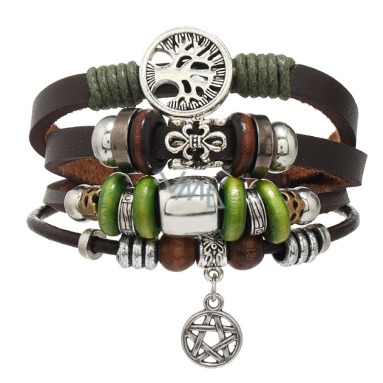 Kožený vícevrstvý náramek, symbol Strom života + lilie + Davidova hvězda, nastavitelná velikost Kožený vícevrstvý náramek, symbol Strom života + lilie + Davidova hvězda, nastavitelná velikost