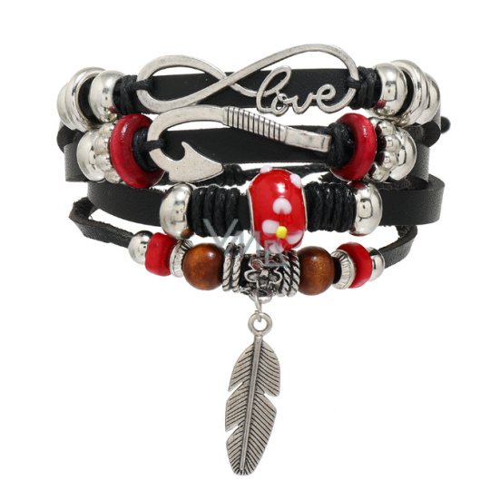 Kožený vícevrstvý náramek, symbol peříčko + kotva + nekonečno, nastavitelná velikost Kožený vícevrstvý náramek, symbol peříčko + kotva + nekonečno, nastavitelná velikost