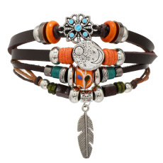 Skórzany wielowarstwowy naszyjnik, symbol pióra + księżyc / słońce, regulowany rozmiar