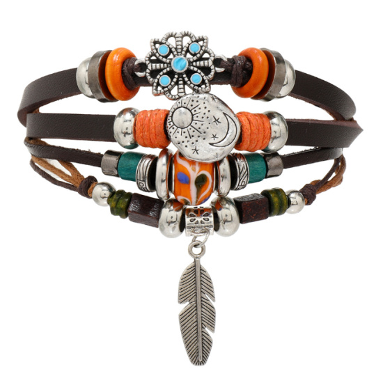 Kožený vícevrstvý náramek, symbol peříčko + měsíc / slunce, nastavitelná velikost