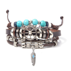 Kožený vícevrstvý náramek, symbol kormidlo + peříčko, nastavitelná velikost