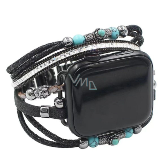 Apple Watch řemínek na hodinky ručně vyráběný Černý + korálky, velikost 38/40/41 mm Apple Watch řemínek na hodinky ručně vyráběný Černý + korálky, velikost 38/40/41 mm