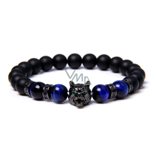 Láva černá + Tygří oko tmavě modré + Vlčí hlava náramek elastický přírodní kámen, kulička 8 mm / 21 cm