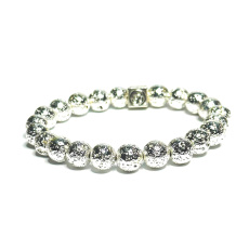 Láva stříbrná barva pokovovaná s královskou mantrou Óm, náramek elastický přírodní kámen, kulička 8 mm / 16 - 17 cm, zrozen ze čtyř živlů