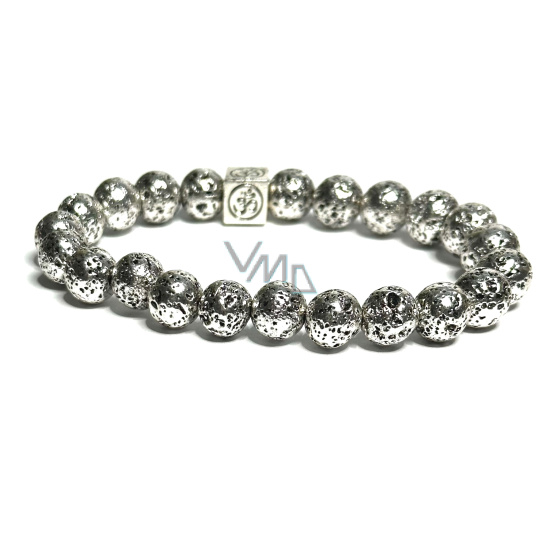 Láva stříbrná barva tmavá pokovovaná s královskou mantrou Óm, náramek elastický přírodní kámen, kulička 8 mm / 16 - 17 cm, zrozen ze čtyř živlů