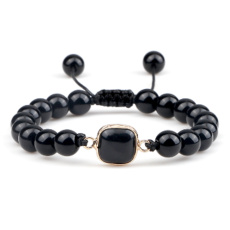 Obsidian + Geometrický přívěsek, ručně pletený, nastavitelná velikost, kulička 8 mm, kámen záchrany