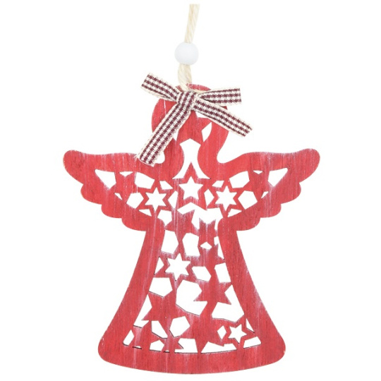 Anděl červený dřevěný na zavěšení 10 x 11,5 cm