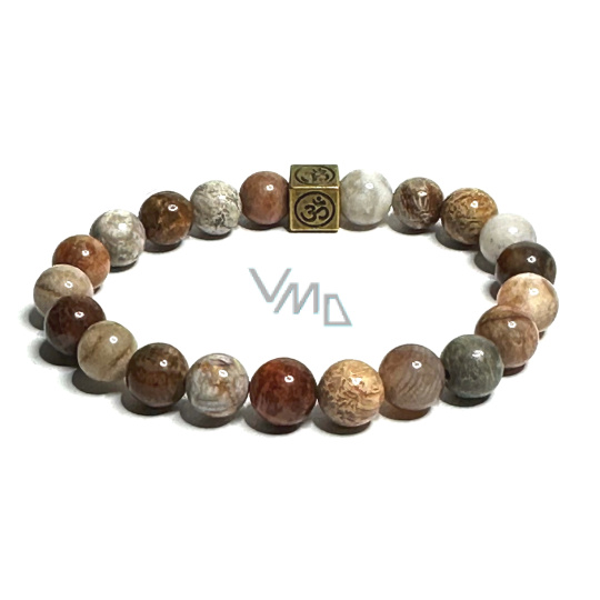 Korál zkamenělý s královskou mantrou náramek elastický přírodní, kulička 8 mm / 16 - 17 cm