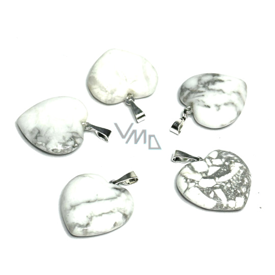 Magnezit / Howlit bílý Srdce přívěsek přírodní kámen 20 mm, očistný kámen