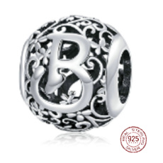 Zawieszka ze srebra próby 925 Koralik alfabet litera B z kwiatami, koralik do bransoletki