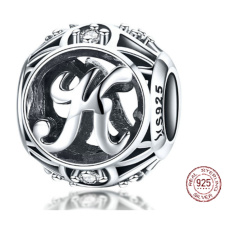 Charm Srebrna 925 Litera K z Kwiatami, koralik na bransoletkę