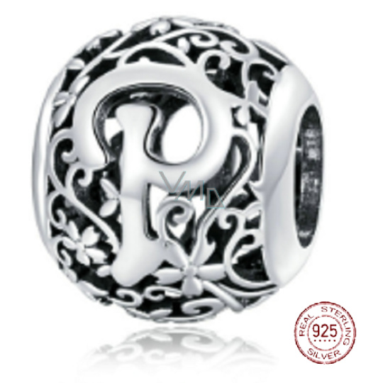 Charm Sterlingové stříbro 925 Kouzelná abeceda písmeno P s květinami, korálek na náramek Charm Sterlingové stříbro 925 Kouzelná abeceda písmeno P s květinami, korálek na náramek