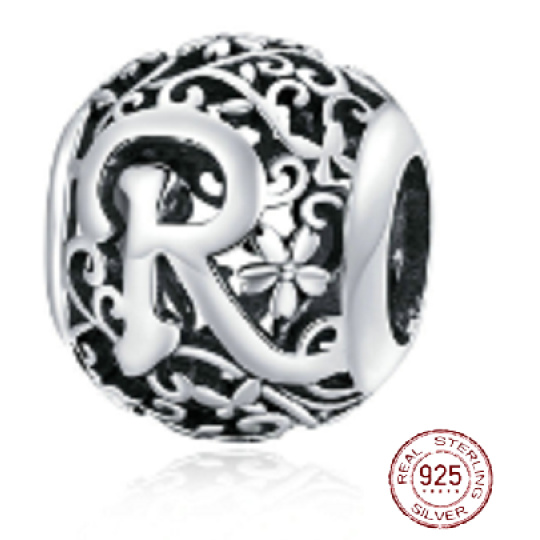Charm Srebrna biżuteria 925 Magiczna abeceda litera R z kwiatami, koralik na bransoletkę