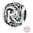 Charm Srebrna biżuteria 925 Magiczna abeceda litera R z kwiatami, koralik na bransoletkę