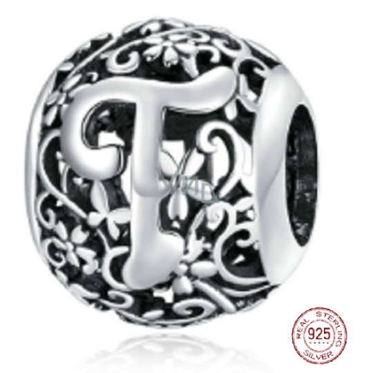 Charm Sterlingové stříbro 925 Kouzelná abeceda písmeno T s květinami, korálek na náramek Charm Sterlingové stříbro 925 Kouzelná abeceda písmeno T s květinami, korálek na náramek