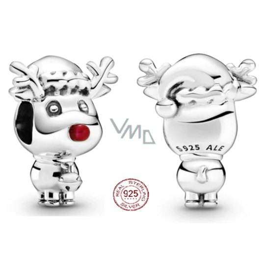 Charm Sterlingové stříbro 925 Rudolf s červeným nosem sob, korálek na náramek Vánoce