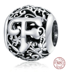 Zawieszka ze srebra próby 925 Charms Litera alfabetu F z kwiatami, koralik do bransoletki