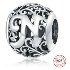 Charm Srebrna 925 Magiczna abeceda litera N z kwiatami, koralik na bransoletkę