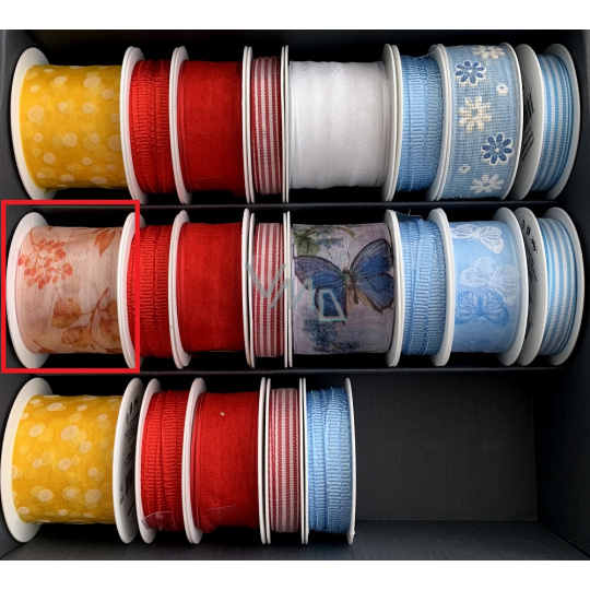 Nekupto Stuha látková Průhledná červeno-žluté větvičky 2 m x 40 mm Nekupto Stuha látková Průhledná červeno-žluté větvičky 2 m x 40 mm