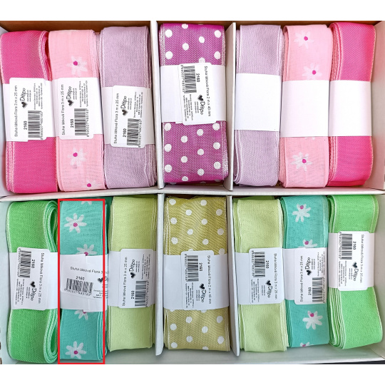 Ditipo Stuha látková Flora pastelová tmavě zelená s bílými kytičkami 3 m x 25 mm