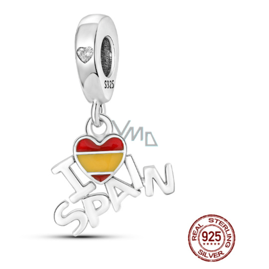 Charm Sterlingové stříbro 925 Španělsko vlajka srdce - Miluji Španělsko, 2v1 přívěsek na náramek cestování