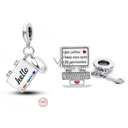 Charm Sterlingové stříbro 925 Počítač + myš, zirkony, 2v1 otevírací přívěsek na náramek zájmy Charm Sterlingové stříbro 925 Počítač + myš, zirkony, 2v1 otevírací přívěsek na náramek zájmy