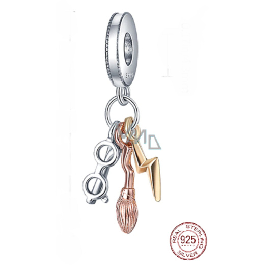 Charm Sterlingové stříbro 925 Harry Potter - Brýle, Nimbus 2000 a blesk, 3v1 přívěsek na náramek, film