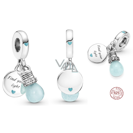 Charm Sterlingové stříbro 925 Žárovka - Najdi své světlo, 2v1 zářící ve tmě luminozní přívěsek na náramek symbol