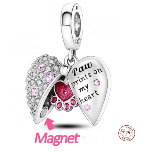 Charm Sterlingové stříbro 925 Otisky tlapky na mém srdci, přívěsek srdce na náramek mazlíček