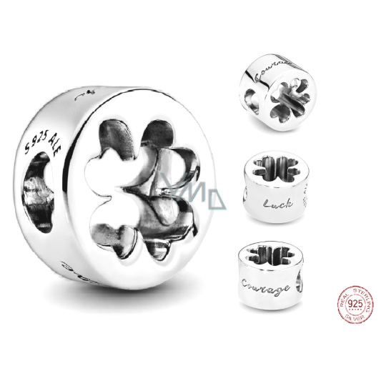 Charm Sterlingové stříbro 925 Vystřižený čtyřlístek - Štěstí a Odvaha, korálek na náramek příroda