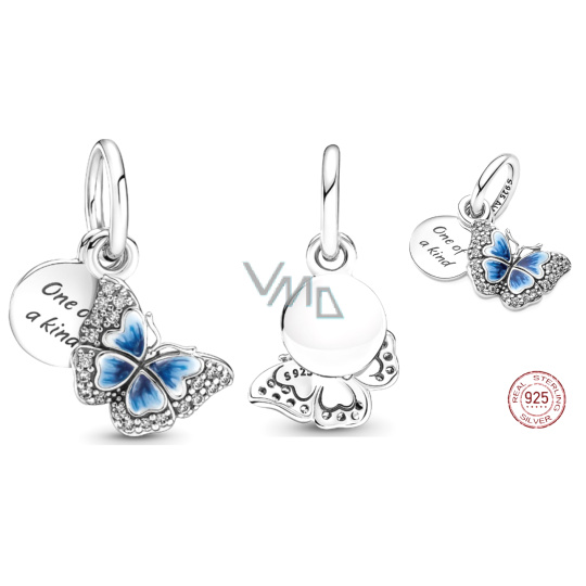 Charm Sterlingové stříbro 925 Modrý motýl a citát - jediný svého druhu, 2v1 přívěsek na náramek příroda
