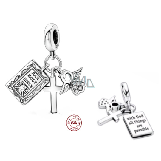 Charm Sterlingové stříbro 925 Náboženská kouzla, První přijímání, křest - Bible s bohem jsou všechny věci možné, 3v1 přívěsek na náramek