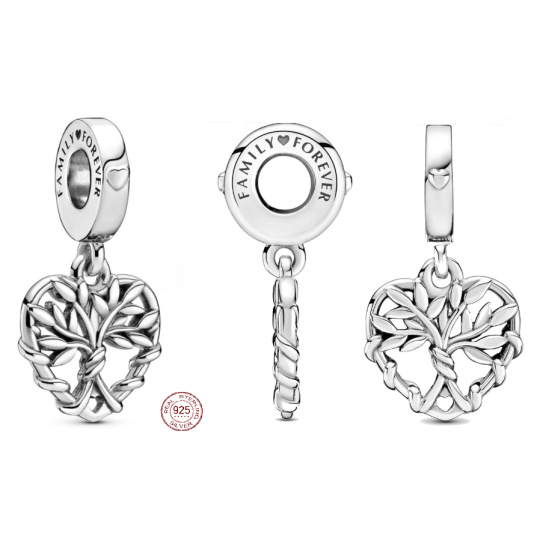 Charm Sterlingové stříbro 925 Srdce se stromem rodiny, přívěsek na náramek rodina