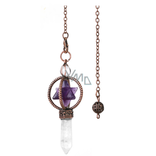 Ametyst Merkaba kyvadlo + čirý křemen + bronz, přívěsek přírodní kámen 7,7 cm, řetízek cca 26,5 cm