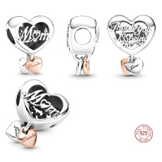 Charm Sterlingové stříbro 925 Srdce a nápis Děkuji, maminko, korálek na náramek rodina